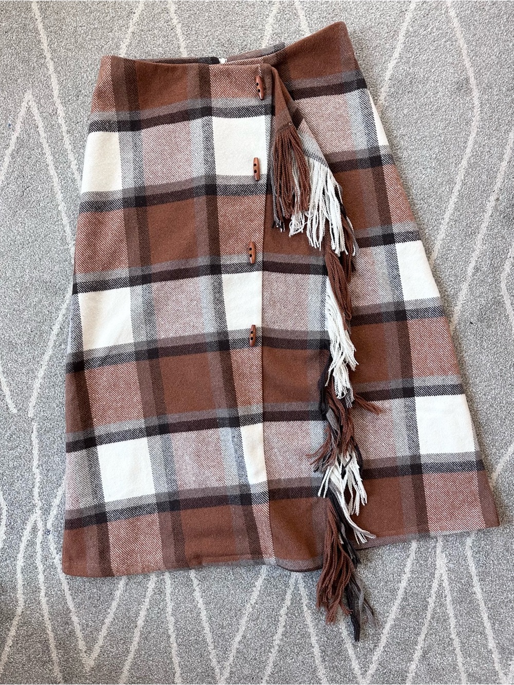 Begonia Brown and Ivory Plaid Flannel a-line Maxi Skirt w/ Fringe Detail